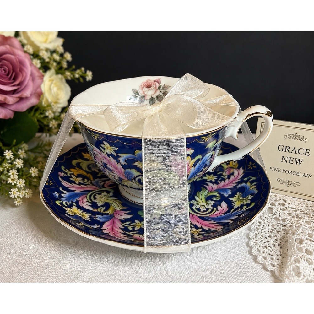 Grace Fine Porcelain Jumbo Teacup Saucer Blue Floral Gold Gift Set New